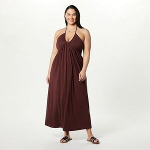 THE DROP 'Kapri' Espresso Brown Flowy Gathered Halter Vacation Dress - Size XXL